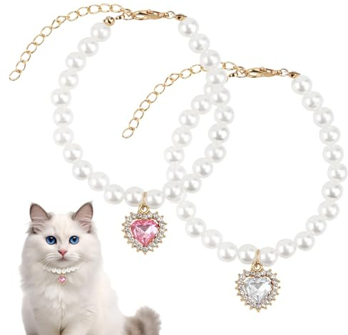 2 Stück Katzenperlenketten, Süßes Katzen und Hundehalsband mit Herzförmigem Anhänger Verstellbares Hundehalsband mit Perlenkette Haustierhalsband für die Meisten Kätzchen und Welpen