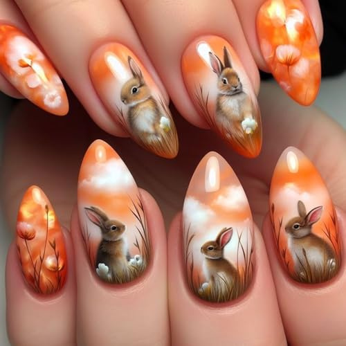 24Pcs Orange Gradient Press on Nails Short Almond Fake Nails Cute Easter Rabbit Acrylic Nails Press on Glossy Orange Designs False Stick on Nails Cute Full Cover Artificial Nails for Women Decoration