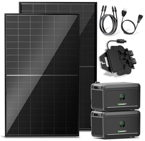 Solakon® 1000W Balkonkraftwerk mit Speicher - 1000 Watt komplett Steckdose & 800W Wechselrichter - Solaranlage Komplettset - 2x 500W bifaziale Solarmodule & 4kWh Speicher für Balkonkraftwerk