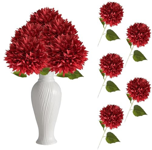 Red Artificial Flowers Faux Floral - 5Pcs Fake Chrysanthemum DIY for Wedding Party Outdoor Decors 5501