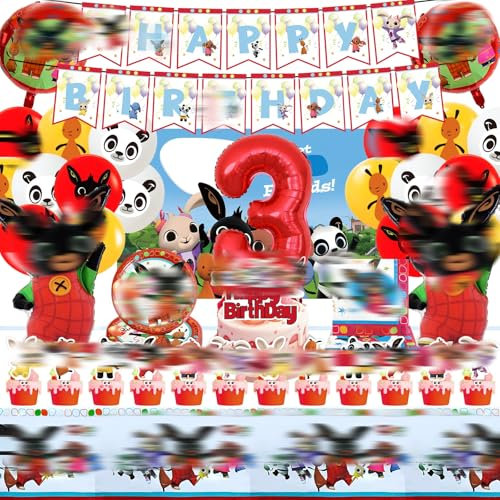 Partygeschirr Geburtstagsdeko, 81 Stück Geburtstag Deko 3 Jahre Bunny Themed Partyzubehör Set mit Luftballon, Banner, Tortendeko, Hintergrundtuch, Tischdecke Party Dekoration für Junge Mädchen