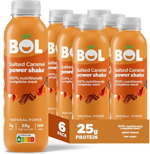 BOL Salted Caramel Power Shake — Ready-to-drink Nutritionally Complete Meal (266kcal) | 27g High Protein Shake Bottle | Low Sugar, Plant-based, Low Calorie Meal Replacement Shakes (410ml x 6 bottles)