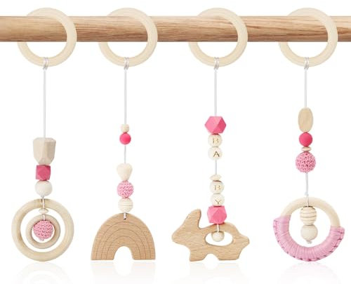 Spielbogen Baby Spielzeug ab 0 Monate Spielbögen Baby Gym Anhänger Holz 4 Stück Spielebogen Babies Toys für Mädchen Jungen Babyspielzeug für Babyschale Kinderwagen Autositz Spielzeug (Rosa)