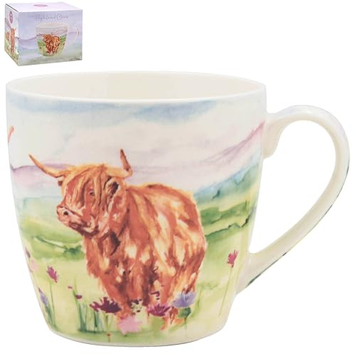 The Leonardo Collection Jennifer Rose Highland Cow Breakfast Mug Large | Hot & Cold Drinks, Home & Office, Durable, Easy-To-Hold, Breakfast Mug