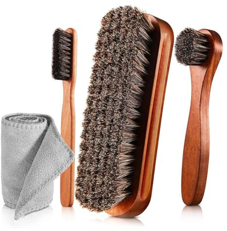 Bosiyrggrl 4 Pcs Horsehair Shine Shoes Brush Kit Polish Dauber Applicators Cleaning Leather Shoes Boots Care Brushes Cleaner Brush