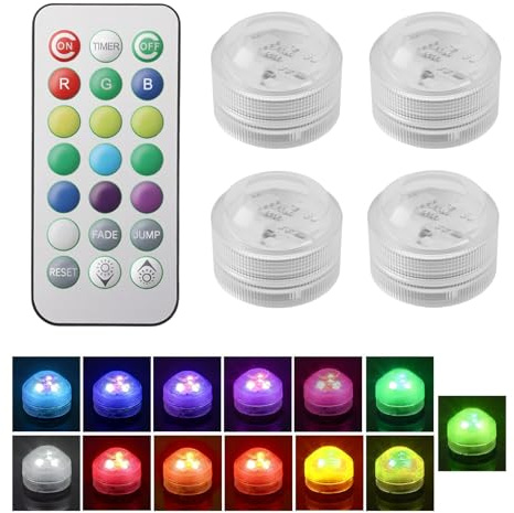Mini Submersible LED Lights with Remote Control Underwater Waterproof | Versatile Flameless Button RGB Tea Light Colour Changing Pond Light for Paper Lantern Wedding Party Table New Year, 4PCS