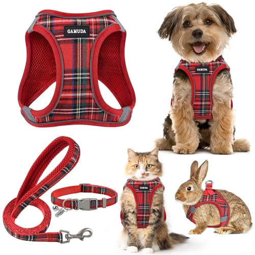 Hundegeschirr für kleine Haustiere, Halsband und Leine, kein Ziehen, weiches Netzgewebe, verstellbar, kariert, reflektierend, für Hunde, Welpen und Katzen, Outdoor-Training (Rot, Größe XXS)