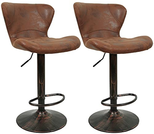 homewell 2 Stück Vintage Barstuhl, höhenverstellbar, Barhocker aus Leder, Küchenhocker mit Rückenlehne und Fußstütze, rustikales Braun
