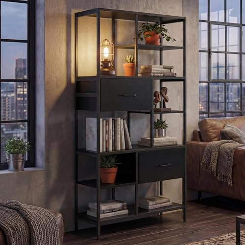 Mendler Regal HWC-P11 150x81x33cm MDF - schwarz | Regalschrank, Bücherregal, Standregal, Schubladen, Industrial, Metall, Melamin