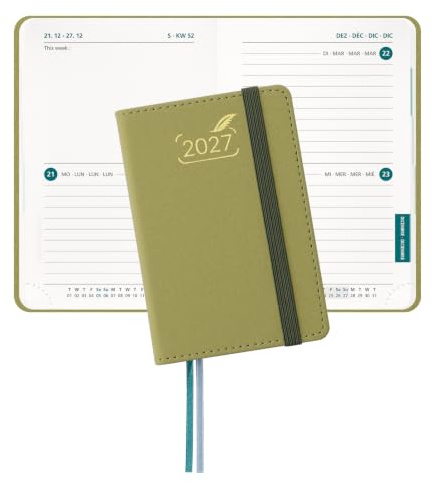 BEZEND Taschenkalender 2027 Klein Wochenkalender ca. A7 12 x 8 cm | 2 Tage pro Seite, 12-Monate Mini Terminplaner (Jan - Dez 2027), PU-Leder Hardcover, Senf