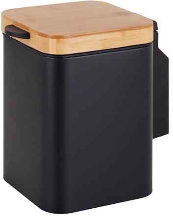 Relaxdays Kosmetikeimer Wandmontage, 3 l, Absenkautomatik, schwarz/natur | Inneneimer, Metall, Badezimmer Mülleimer eckig