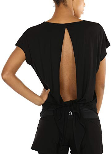 icyzone Damen Rückenfrei Yoga Top Fitness Sport Kurzarm Shirt Oberteil Casual T-Shirt Loose Fit (S, Black)