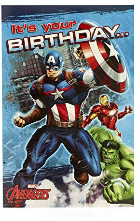 UK Greetings Boys Birthday Card - Marvel Birthday Card - Birthday Boy Card - Avengers Birthday Card - Featuting Captain America, Hulk & Iron Man, blue|brown|beige|grey, 149 x 229mm