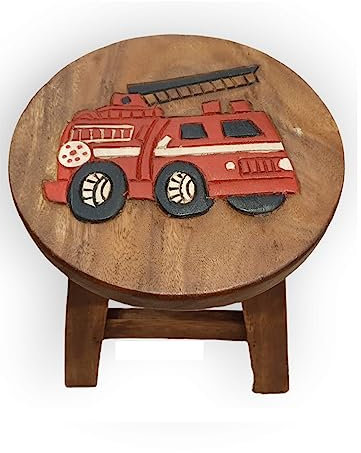 Handgefertigter Kinder Hocker mit bunten Motiven - Massivholz Stuhl doppelt verstrebt (Feuerwehr)