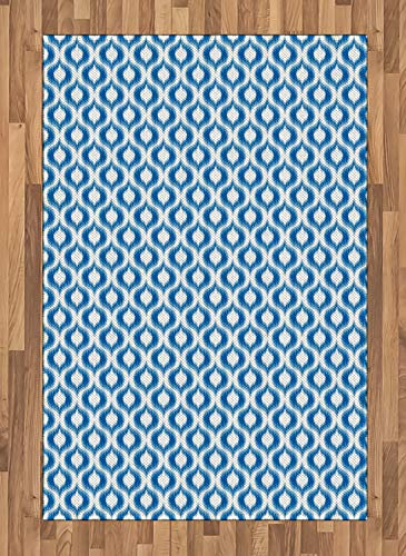 ABAKUHAUS Ikat Teppich, Abstraktes Weinlese Ogee, Deko-Teppich Digitaldruck, Färben mit langfristigen Halt, 120 x 180 cm, Weiß Blau