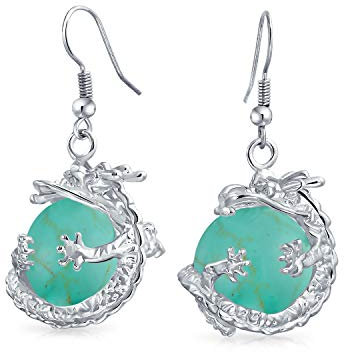 Boucles D'Oreilles En Forme De Boule Ronde En Pierre Précieuse Turquoise Bleue Compressée Avec Un Dragon Asiatique Chinois Enroulé Pour Femmes Et Adolescentes
