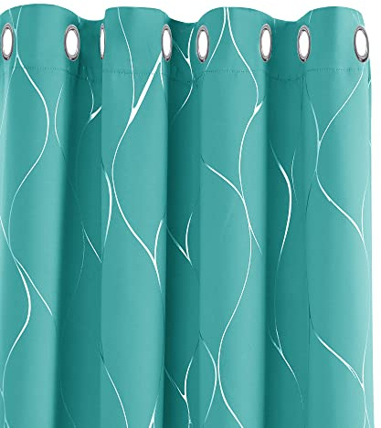 Deconovo Curtains, Blackout Eyelet Curtains, Home Decoration Thermal Insulated Wave Line Foil Printed Ring Top Curtains for Kids Bedroom, 52 x 63 Inch(Width x Length), Turquoise, one pair
