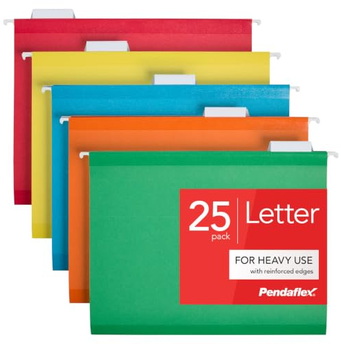 Pendaflex Hanging File Folders, 25 Pack, Letter Size (8.5 x 11), Assorted Colors: Green, Blue, Red, Yellow, Orange, 5 Tab Positions, Reinforced, Includes Tabs and Inserts, Durable Hanging Files