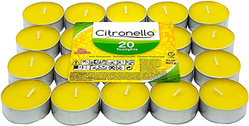 SUMEDTEC Pack de 20 Velas Citronela Perfumada - Vela Perfumada Antimosquitos - Tealight Citronella Candles - 4 Horas Duración Sin Insecticida.