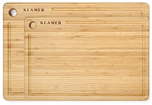 KLAMER Schneidebrett Set Bambus rutschfest mit Saftrille – Premium Holz-Brett, leicht reinigbar, antiseptisch, umweltfreundlich, Natur-Holz