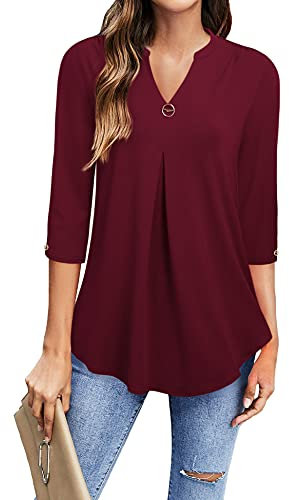 Gaharu Damen Blusen Tuniken Oberteile Für Leggings Longbluse Frauen Party Longtunika Tunic Longshirt 3/4 Ärmel Sleeve Damenblusen Modern Tshirts for Women Work Business Weinrot, L