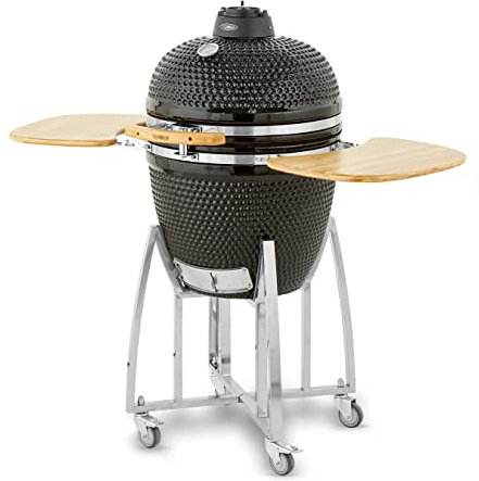 Tower T978532 Kamado XL Ceramic Charcoal BBQ with Collapsible Wooden Shelves, Built-in Thermometer and Waterproof Cover, Black