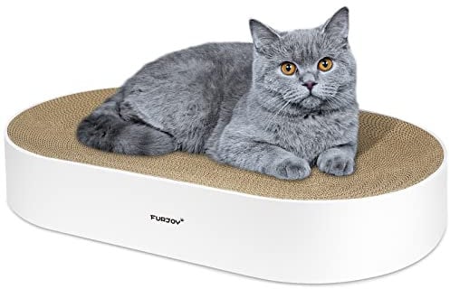 Furjoy Tappetini tiragraffi per gatti, 63 x 35 x 10cm Ovale Cuccia Gatto Cartone con Erba Gatta, Lettino per Gatti Rotondo in Cartone Riciclabile - Scatola di graffi per pulizia della casa