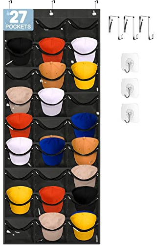 Owkjar Hut-Organizer mit 27 großen Taschen, Hutablage für Baseballkappen, Wand oder Tür mit 6 Haken, Huthalter-Organizer für mehrere Kappen, Schwarz/Grau
