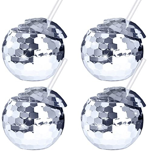 oneant 4 Pieces Disco Ball Cups Disco Flash Ball Cocktail Cup with Straw, Mirror Ball Cups Disco Party Supplies Wine Cocktail Glass Drinking Syrup Tea Bottle for Nightclub Bar Party (Silver)