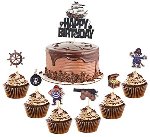 MiaLover 7 Stück Pirate Boot Cake Toppers Piraten Kuchendeckel Happy Birthday Cake Toppers Set Piraten Kuchen Topper Cupcake für Kinder Mädchen Junge Halloween Party Muffin Deko