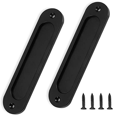 2Pcs Flush Pull Barn Door Handle Matte Black, 6 Inch Round Corner Rectangular Flat Plate Recessed Flush Sliding Pocket Door Handles, Aluminum Finger Handle for Closet Cabinet Drawers