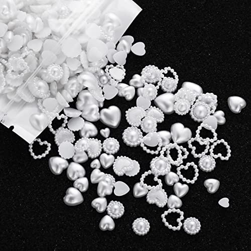 Lusofie 500PCS White Pearl Heart Flatback Nail Charms - 3D Beads for Nail Art, Bridal & DIY Crafts | Embellishments for Accessories, Jewelry Making