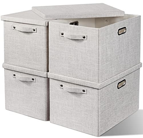 4x39L Large Storage Bins with Lids - Thick Decorative Storage Boxes with Lids Foldable Closet Storage Bins for Clothes Linen Storage Organizer Storage Boxes for Nursery Playroom Office Shelves-Beige