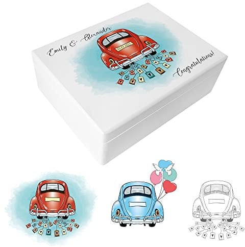 Creative Deco Weiße Geschenk zur Hochzeit | Erinnerungsbox Hochzeit | Personalisiert Geschenkkiste für Brautpaar | Auto Hochzeit Motiv | Holzkiste mit Deckel | Farbdruck | 40 x 30 x 14 cm