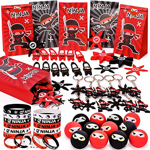 Ninja Pinata Anniversaire Garçon 72 Pièces Balles Rebondissantes Ninja Bracelets en Silicone Fronde de Doigt Sac Cadeau Porte-Clés pour Enfant Garçon Fille Jouets Cadeaux d'anniversaire