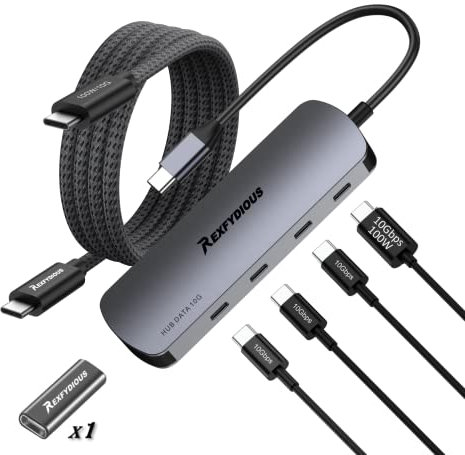 REXFYDIOUS 10 Gbps USB C HUB Splitter Verteiler 4in1 Data Port 100W PD für iPhone 16 15 MacBook M4 M3 M2 M1, Windows, Type C Geräte (Gray 10G 100W Cable/10G C to C Adapter)