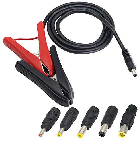 HCFeng DC5521 to Battery Alligator Clips Cable DC 5.5 * 2.1mm Male to Bat-tery Clamps Extension Cord 12-24V /15A Clamp Cable with 5 DC adapters for Auto Accessories,RV Battery,Solar Generator [3.3FT]
