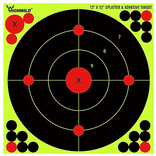 Highwild 12X12 Inch Splatter Adhesive Bullseye Fluorescent Yellow Shooting Target Stickers - Suitable for Handguns, Rifles, BB Guns, Airsoft, Pellet Guns - 25 Pack