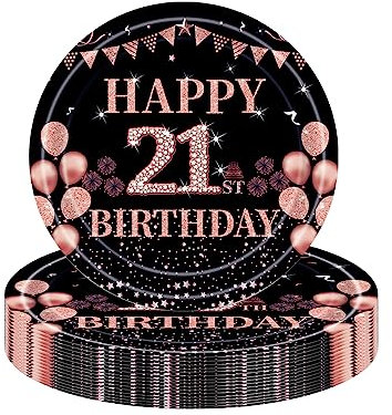 COSORO 16Pcs Black Rose Gold 21st Birthday Paper Plates 9'',Birthday Tableware Party Plate Disposable,21st Table Decorations Gifts for Girls,Women,Ladies,Her Decor
