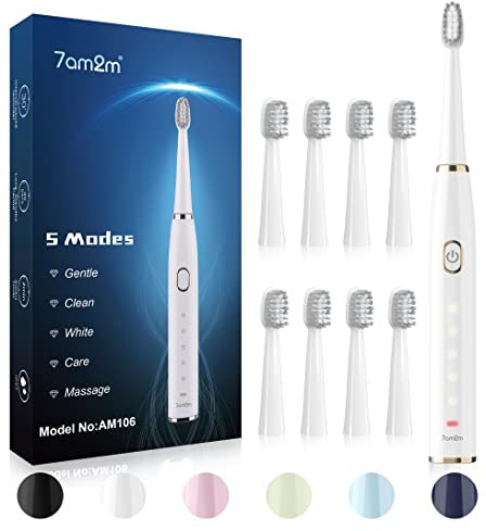 7AM2M Sonic Electric Toothbrush for Adults and Kids- High Power Rechargeable Toothbrushes with 8 Brush Heads,5 Adjustable Modes, Built-in 2-Minute Smart Timer,4 Hours Fast Charge for 75 Days(White)