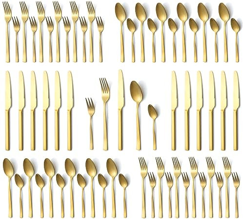 Cubiertos acero inoxidable 12 personas, Hunnycook 60 piezas Cubiertos Dorados mate, Cubiertos Dorados de Acero Inoxidable para Casa/Cocina/Restaurante, Aptos para Lavavajillas