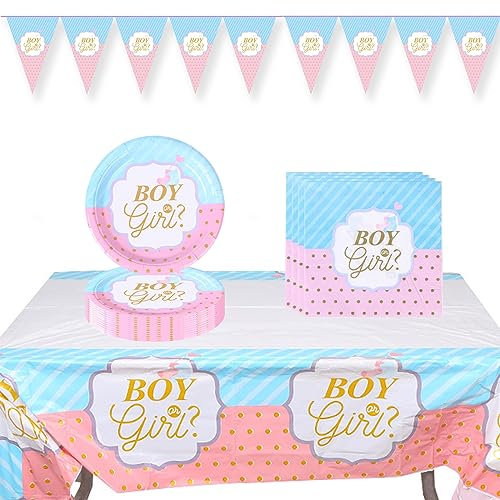 CHEVVY Gender Reveal Set de Vaisselle de Fête Rose Bleu Nappes Plastique Imperméables 137*274CM 16pcs Assiettes en Carton Serviettes Drapeau Triangulaire Vaisselle de Fête Gender Reveal