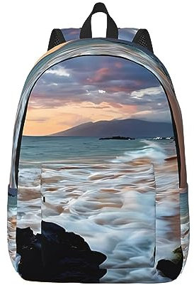Legerer leichter Rucksack – stilvolle und langlebige Canvas-Tasche für Schule, Outdoor und den täglichen Gebrauch, Strand, Maui, Hawaii, Sonnenuntergang, Meer, Wellen, Wolken, Schwarz , S