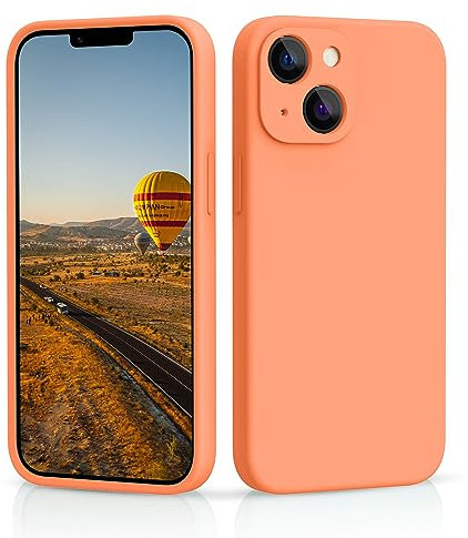 CALOOP Slim-Fit for iPhone 13,Sturdy Shockproof Hard Frame Cover with Anti-Scratch Microfiber Lining,Skin Soft Liquid Silicone,Full Protection for Screen and Camera Lens(Kumquat Orange)