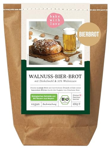Bio Walnuss-Bier-Brot Backmischung - Brotbackmischung Geschenk für Bierliebhaber und Männer - Brotbackautomat geeignet - Bake with Love - (1er Pack)