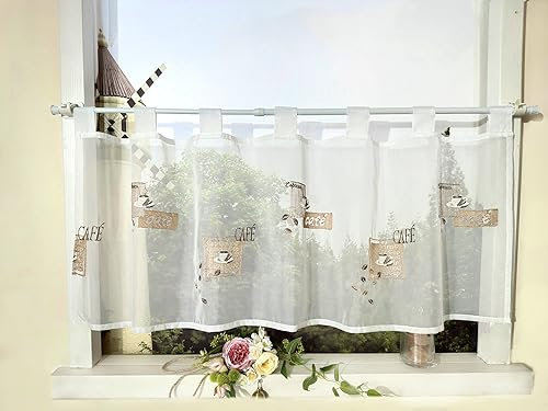 Devola Transparent Scheibengardinen mit Kaffeemotiv Cáfe Gardinen Küchen Bistrogardinen Modern Kurzstores Gardinen mit Schlaufen HxB 45x120cm Weiß 1 Stück