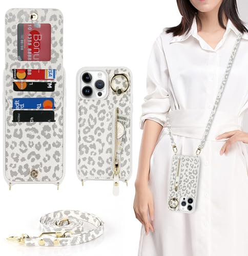 Zouzt for iPhone 13 Pro Case with Cord and Card Holde, Zipper Wallet Case with Crossbody Lanyard Ring Adjustable Necklace Protective Cover Women for iPhone 13 Pro 6.1 Inch - White Leopard