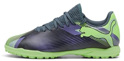 PUMA Unisex Kids Future 7 Play Tt Jr Soccer Shoe, Gray Skies Elektro Purple Fizzy Apple Puma White, 4 UK
