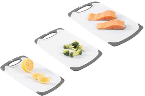 Restaurantware Schneidebrett-Set mit bequemem Griff, lebensmittelechtes Küchenbrett-Set, 3-teiliges Set, TPR-Bordüre und Griff, weiß und grau, PP-Kunststoff, Schneidebretter, spülmaschinenfest, mit