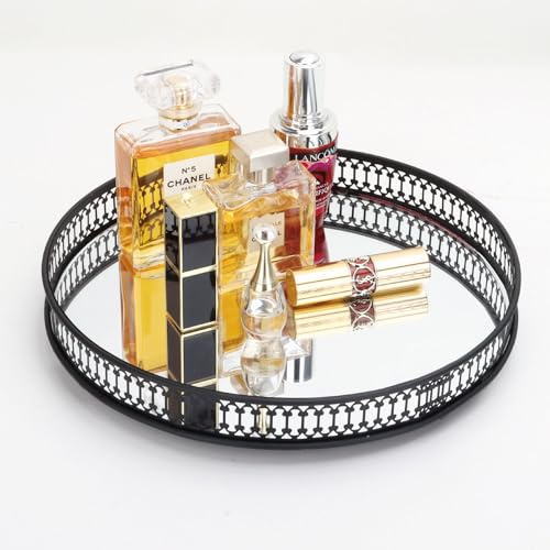Perfume Tray, Mirror Tray, Vanity Decorative Tray with Metal for Dresser Bedroom Countertop Organizer,Mirrored Cosmetic Tray for Bathroom, Bedroom or Living Room, Black (Round)